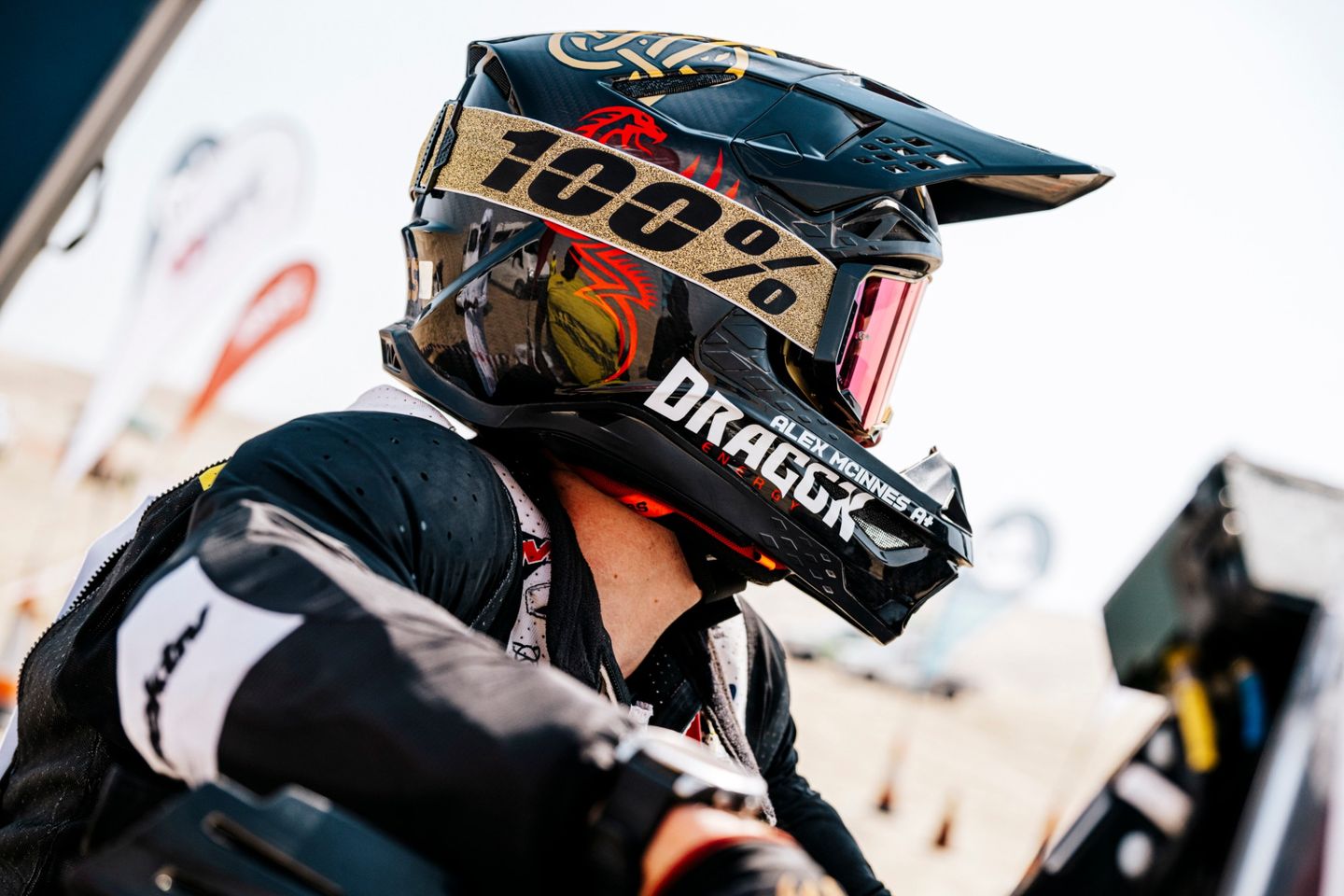 Alex McInnes in his helmet and goggles, side on, carrying his partners’ logos